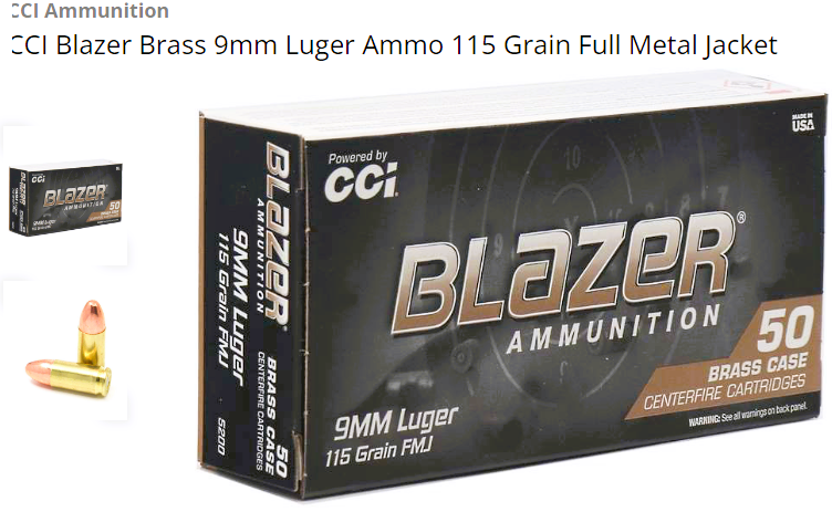 CCI Blazer 9mm 115 Grain FMJ Brass